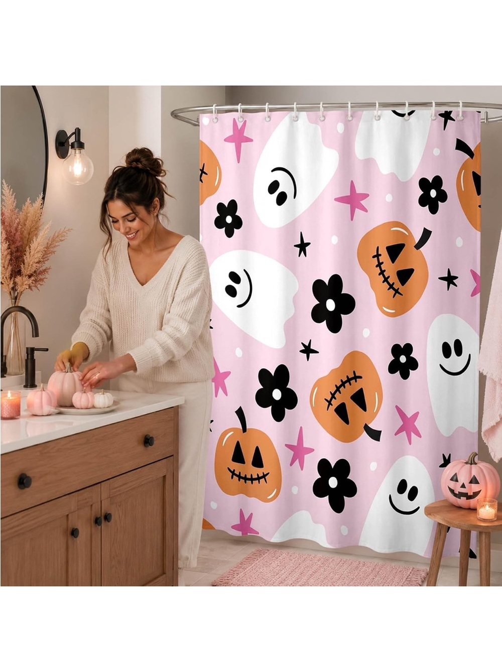 Happy Halloween Shower Curtain, Polyester Bath Decor, Cute Cartoon Ghost Pumpkin